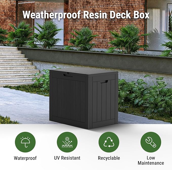 Mars Villa 31 Gallon Outdoor Storage Box, Waterproof Deck Box, Outside Storage Bin for Patio Furniture Cushions, Pool Supplies, Garden Tools, Weatherproof, Black