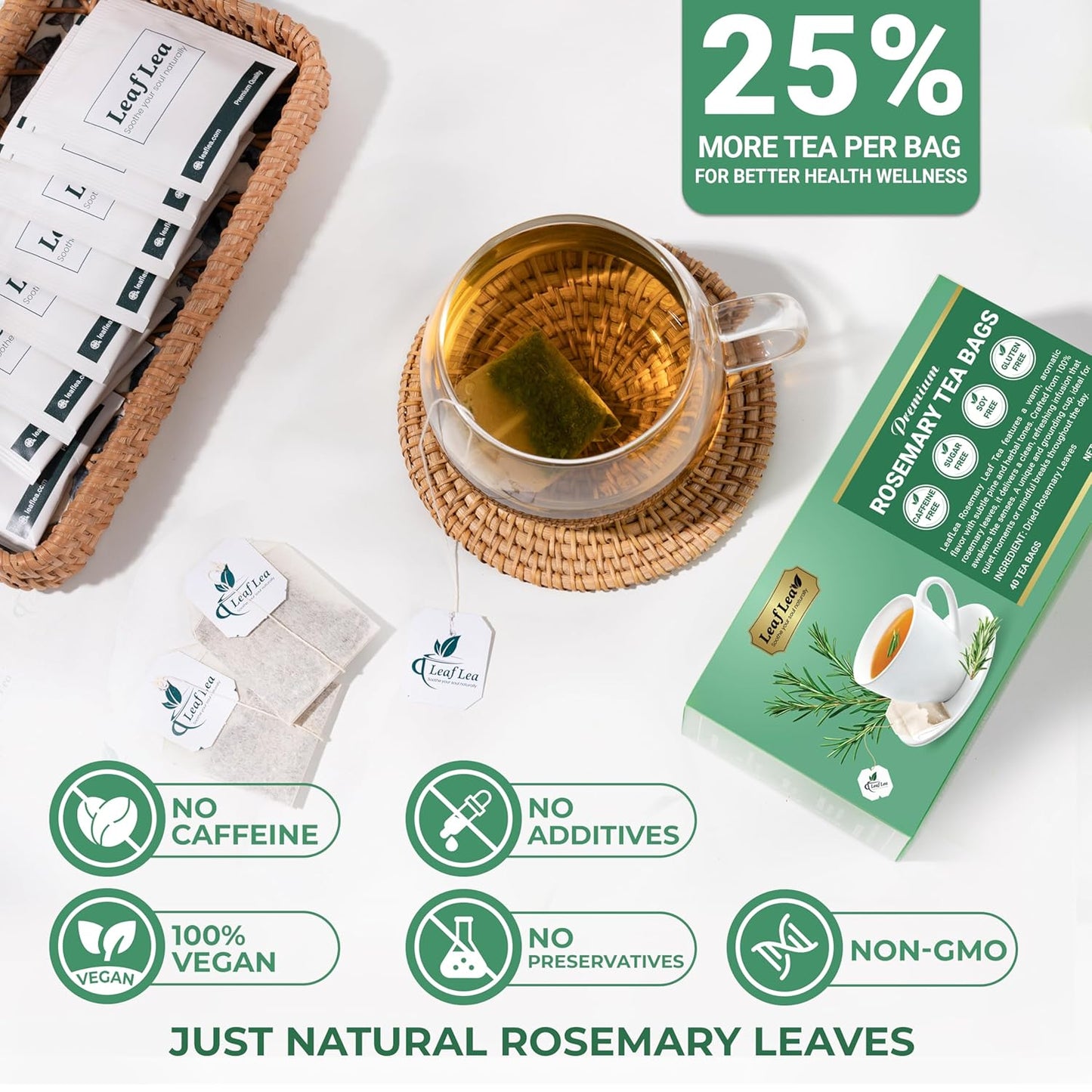 LeafLea 80 Rosemary Leaf Tea Bags, 100% Pure Rosemary Herbal Tea, Gentle Digestive Comfort & Relaxing, Te De Romero Featuring Subtle, Natural Flavor, Caffeine-Free, Sugar-Free, Non-GMO, Vegan