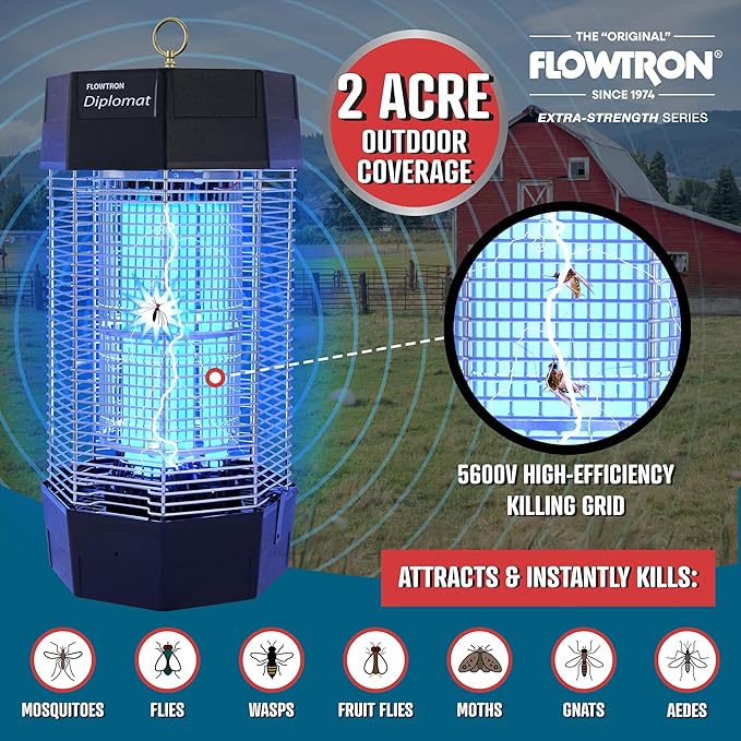 Flowtron Indoor/Outdoor Fly Control, 2000 sq.ft Indoor & 2 Acre Outdoor Insect Control with Dual Lure Method, 120W UV Light & Fly Sex Lure/Octenol for Flies and Mosquitoes, UL Certified