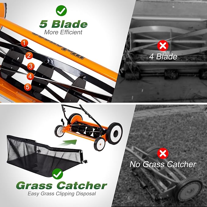 Walensee 18-Inch 5-Blade Push Reel Lawn Mower, Cordless Manual Reel Lawn Mower Walk-Behind Steel Lawn Mowers with Removable 10-Gallon Grass Catcher, Sponge Grip, 9-Position Cutting Height Adjustment