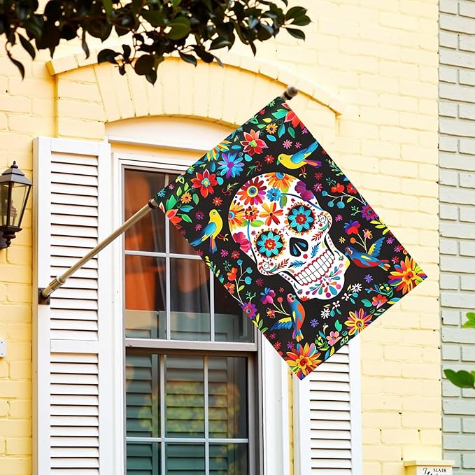 Day of the Dead Garden Flag Skull Welcome Floral House Banner Mexican Gothic Skeleton Flowers Birds Double-Sided Garden Flags Fiesta Dia DE Los Muertos Burlap Yard Flag 28x40 Inch