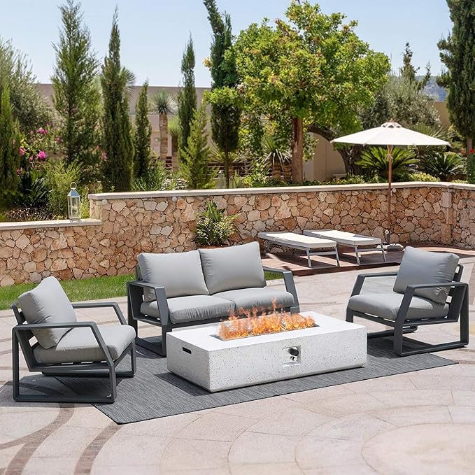 56 Inch Propane Fire Pit Table, Rectangle Outdoor Fire Table w Blue Fire Glass(50,000 BTU), Patio Firepit Table Gas Fire Table w Rain Cover for Outside, Backyard