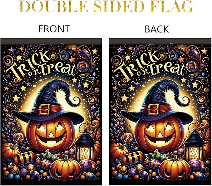 12 x 18 Inch Halloween Garden Flag Outdoor Pumpkin Witch Hat Trick or Treat Yard Decoration Double Sided Autumn Holiday Seasonal Banner for Lawn Patio Party Candy Lantern Fall Theme
