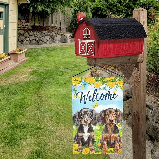 Puppy Lovers Spring Flowers Florals Cute Dachshund Dog Garden Flag Welcome Party Outdoor Outside Decorations Picks Home House Garden Yard Decor 12x18 Inch