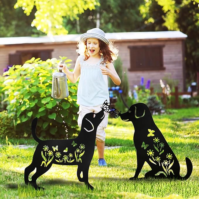Decorative Garden Stakes - 2 Pack 15" Rust-Resistant Metal Dog Silhouette Outdoor Decor, Corten Steel Puppy Yard Art with Easy Installation for Gardens, Patios & Walkways (Black Lab Design)