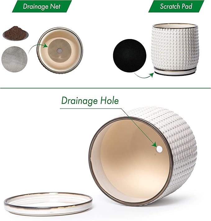 D'vine Dev 8 Inch Ceramic Beaded Stoneware Planter Pot - Flower Pot with Drainage Holes and Saucers for Indoor Succulent Plants or Flowers, Smoked White, 27-C-Q-1