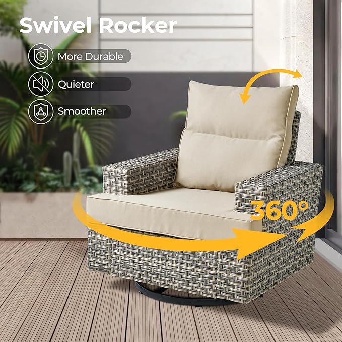 HOOOWOOO Outdoor Sectional Patio Furniture Set with Fire Pit Table,15 Pieces Wicker Conversation Sets L Shaped Couch,Extra Deep Out Door Sofa Outside Furniture with Swivel Chair Ottoman,Beige