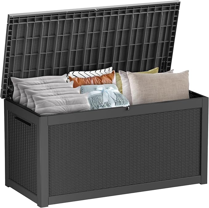 320 Gallon Waterproof Large Resin Deck Box Indoor/Outdoor Lockable Storage Container and Seating for Garden, Pool, and Patio (320 Gallon, Black)