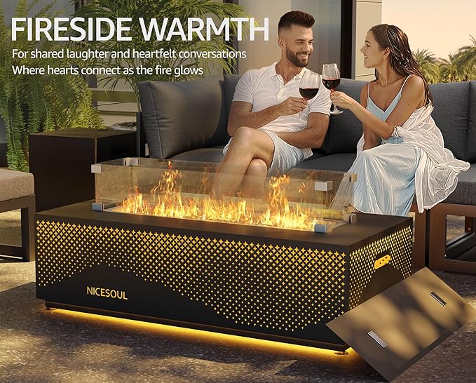 NICESOUL 42'' Propane/Natural Gas Fire Pit Table, Rectangle Firepits with Tank Table, 50000 BTU Modern Outdoor Fireplace with LED Lights for Outside Patio Backyard Deck Porch, CSA Certified, Dark Gray