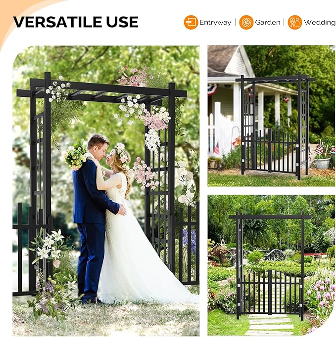 VINGLI Garden Arbor with Gate, PVC Wedding Arch for Ceremony Party, Garden Trellis for Climbing Plants Outdoor, Arch Backdrop Stand for Garden, Backyard, Lawn, Wedding (Black)
