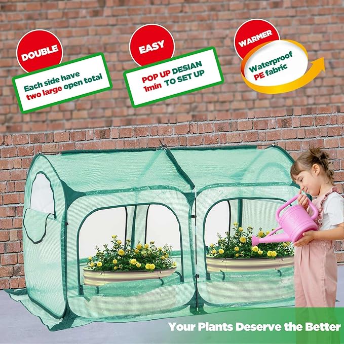 Pop up Greenhouse Tent Cover Tunnel Plant House,Large Gardening Flower Sunshine Room with Mesh Windows,Backyard PE Cover for Cold Frost Protector with Stakes and Rope Guys (Large Size)