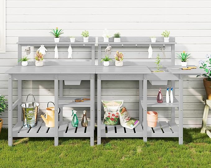 SERWALL Potting Bench Outdoor Potting Table with Sink, HDPE Potting Benches for Outside Gardening Table All Weather Use- Spanish Gray