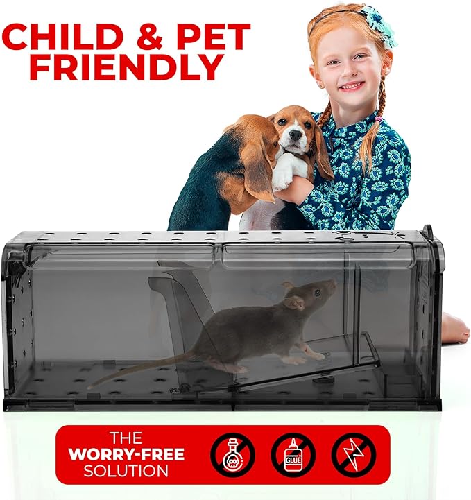 Humane Mouse Trap Pack of 4 - No Kill - Live Mouse Traps Indoor for Home Use - Reusable Rodent Traps for House Indoor, Safe & Effective Rat Trap Outdoor - Humane Mice Control with Cleaning Brush