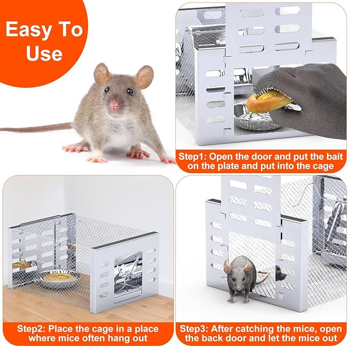 2 Pack Humane Rat Trap, Metal Automatic Continuous Mouse Chipmunk Cage Traps and Other Small Live Animals Cage, Easy to Catch and Release, Work for Indoor Outdoor