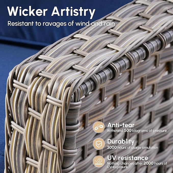 8 Pieces Patio Outdoor Furniture Set with Swivel Rocking Chairs,All Weather Wicker Rattan Patio Seating Sofa and Chair Set w/Ottoman,Outdoor Conversation Sets for Deck Yard Garden,Navy Blue