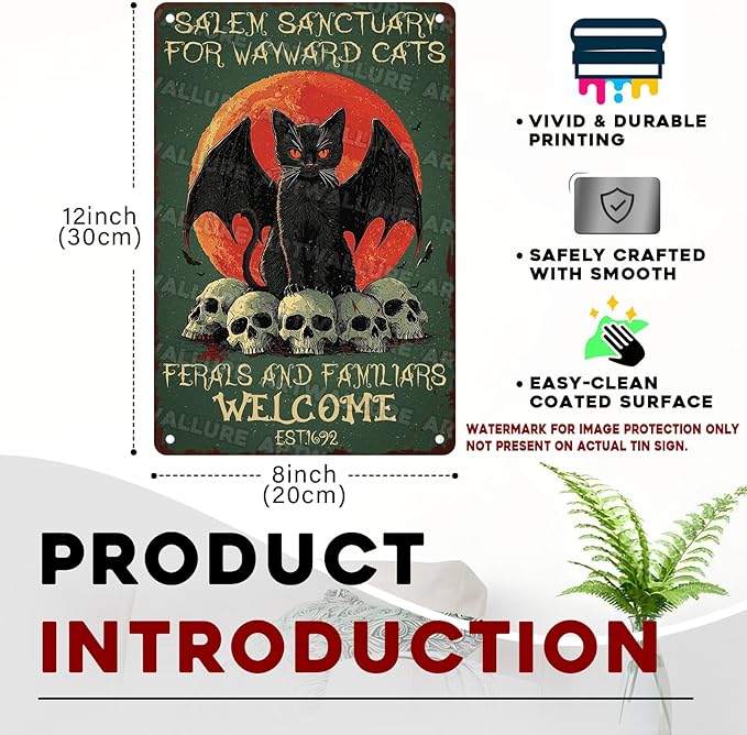 Salem Sanctuary Black Cat Metal Tin Sign Halloween Decor Vintage Gothic Decor Retro Wall Art Rustic Tin Plaque For Home Bar Cat Lovers 8x12inch