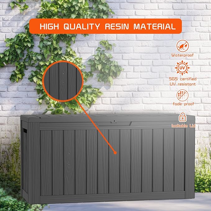 ROJIK Outdoor Storage Housing Deck Box - Waterproof Patio Furniture, Garden Tools, Cushions, Pool Accessories Storage Bench with Lockable Lid and Side Handles (Black 80 Gal)
