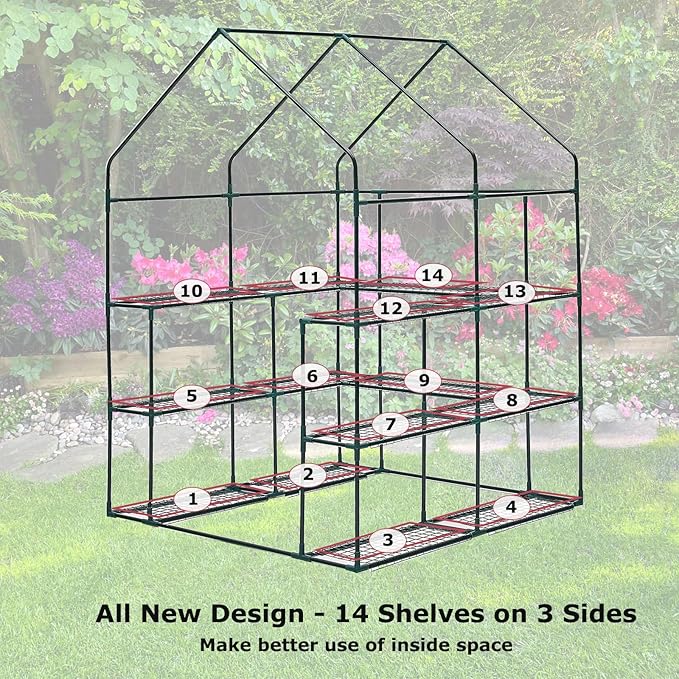 Walk-in Greenhouse for Outdoors, Thickened PE Cover & Heavy Duty Powder-Coated Steel, Mesh Door & Screen Windows, 14 Sturdy Shelves 4.7x4.7x6.4 FT, (GHW002G)