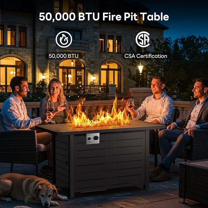 43 Inch Propane Fire Pit Table, 3-in-1 Multi-Use 50,000 BTU Square Gas Fire Pit with Lid & Blue Glass Stones, Steel Tabletop, Adjustable Flame, for Patio, Backyard, Deck, Outdoor Gatherings