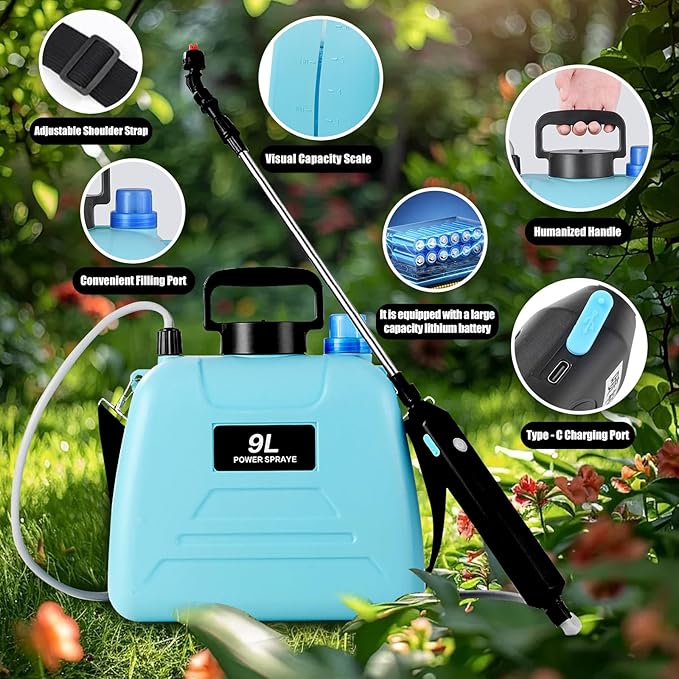 Battery Powered Sprayer 2.4 Gallon, 2025 Upgraded Electric Garden Sprayer, Automatic Power Weed Spray Battery Operated with Adjustable Shoulder Strap and Rechargeable Handle, 3 Mist Nozzles (Blue)