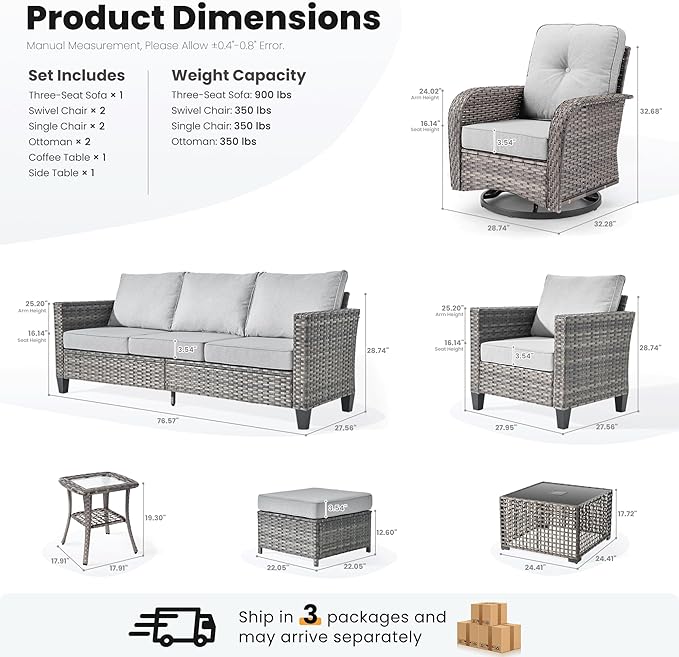 ovios 9 Pieces Patio Furniture Set, Outdoor Wicker Sofa Couch with Rocking Swivel Chairs Solar Lights Table, Modern Deep Seat Rattan Conversation Sets for Porch Deck, Grey