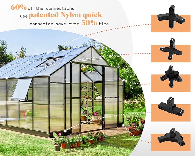 AMERLIFE 12x13.5x9 FT Polycarbonate Greenhouse with Quick Connector Fast Assembly, Large Greenhouses for Outdoors, Swing 2 Doors 4 Vents , Black