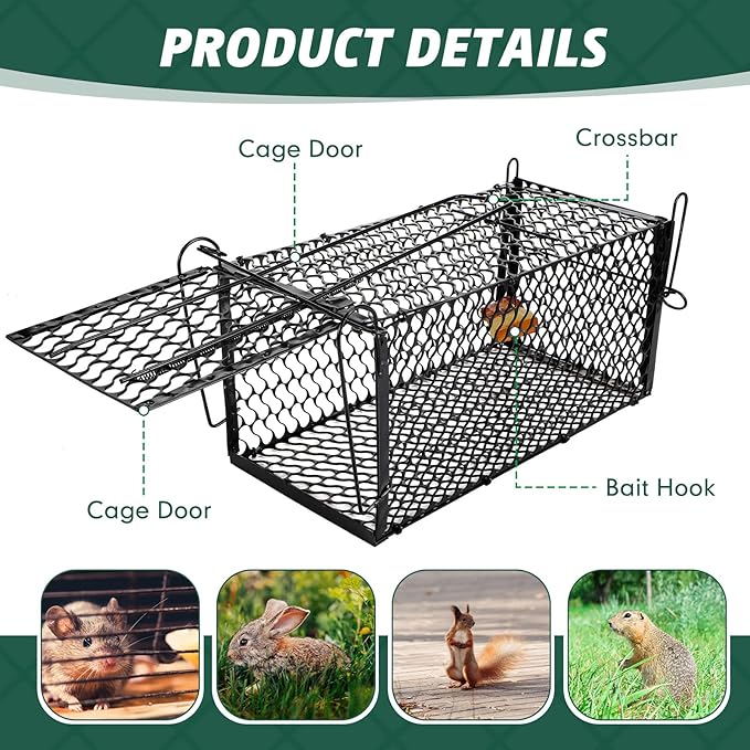 Qualirey 6 Pcs Humane Rat Trap Small Chipmunk Mouse Squirrel Cage Rodent Animal Voles Hamsters Cage Catch and Release Trap for Home Garden Indoor Outdoor(Black,12 x 5.5 x 5.5 Inch)