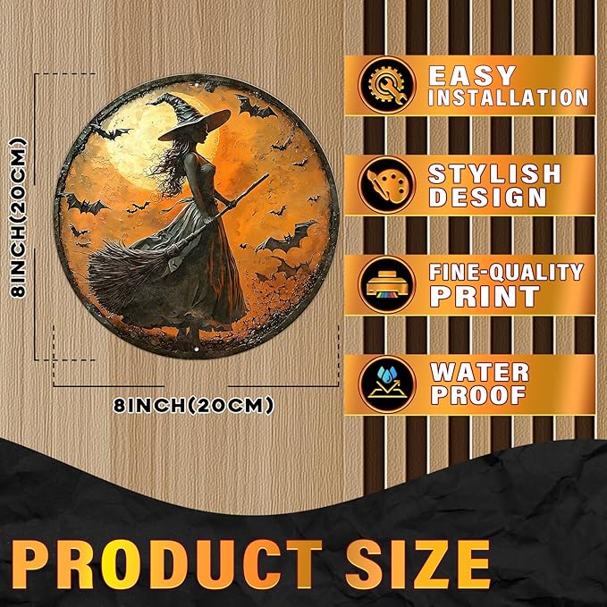 PEACHGARDEN Round 2D Halloween Witch Vintage Sign Halloween Witch Broom Metal Tin Sign for Home Bar Kitchen Hotel Dining Room Coffee 8x8inch