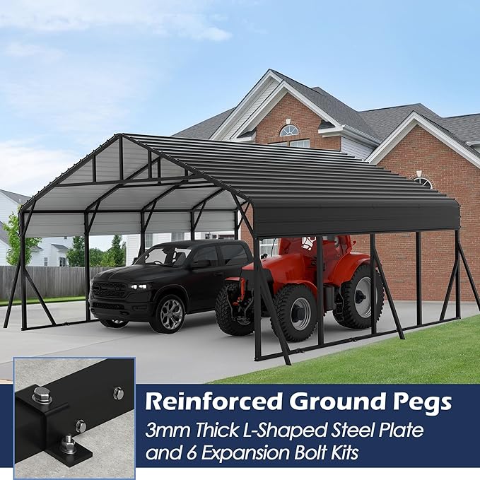 Xilingol Metal Carport, Heavy Duty Carport Canopy with Galvanized Steel Frame and Roof, Outdoor Storage Shed, Car Tent Garage Shelter for Pickup, Truck, Boat and Tractor, Grey (20x20 FT Black)