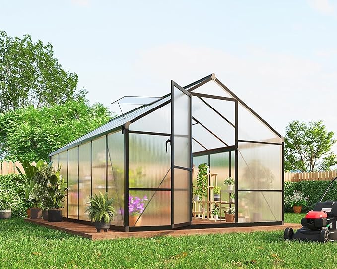 8x12 FT Greenhouse for Outdoors, Polycarbonate Flower Greenhouse with Roof Vent, Push-Pull Lockable Door, Aluminum Walk-in Greenhouses for Outside Garden Backyard, Patio, Lawn, Black