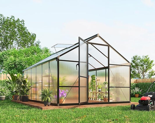 8x12 FT Greenhouse for Outdoors, Polycarbonate Flower Greenhouse with Roof Vent, Push-Pull Lockable Door, Aluminum Walk-in Greenhouses for Outside Garden Backyard, Patio, Lawn, Black