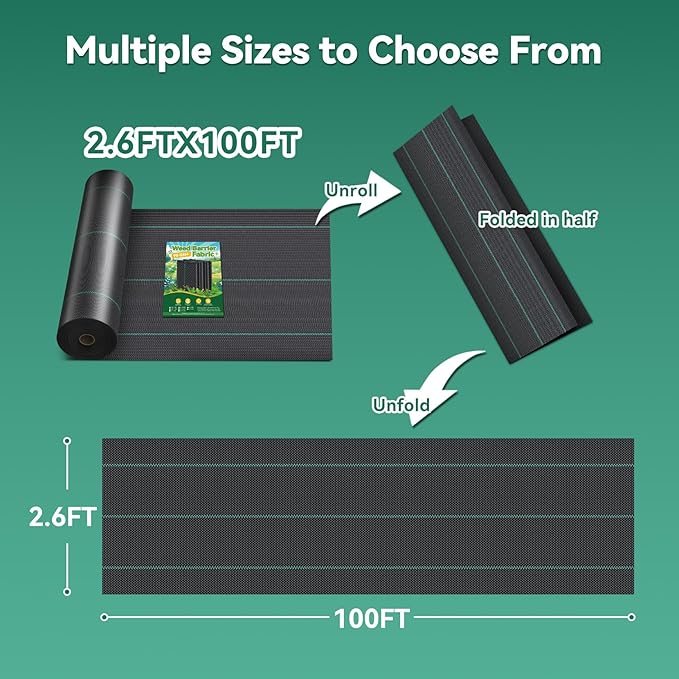 2.6ftx100ft Landscape Fabric, Weed Barrier Fabric Heavy Duty 3.2oz, Woven Geotextile Weed Blocker Landscaping Fabric, Ground Cover Weed Control Mat, Commercial Weed Cloth Garden Bed Liner