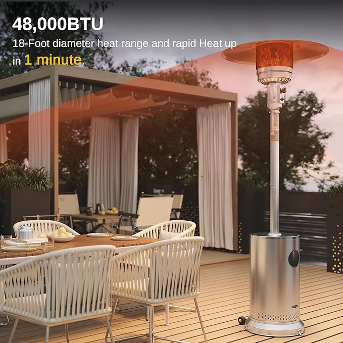EAST OAK 48,000 BTU Patio Heater for Outdoor Use With Round Table Design, Double-Layer Stainless Steel Burner and Wheels, Outdoor Patio Heater for Home and Commercial, Stainless Steel