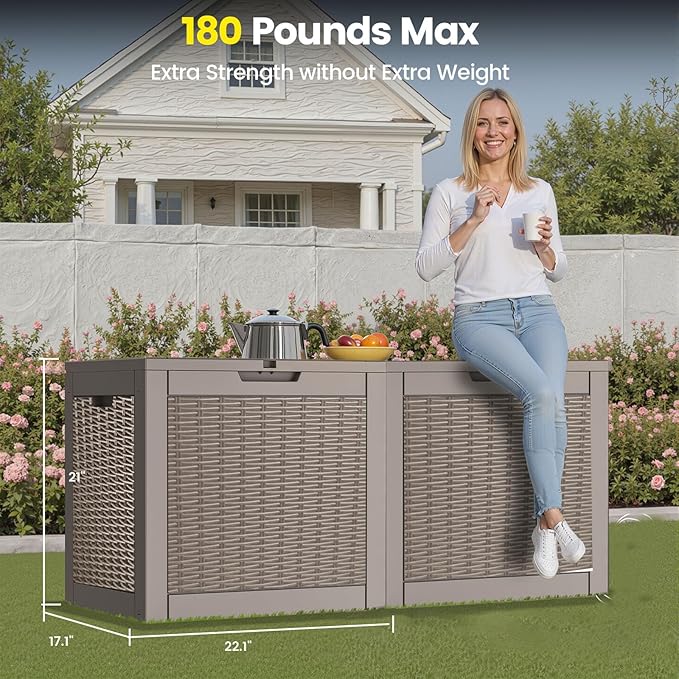 31 Gallon Outdoor Storage Box - Waterproof Resin Rattan Deck Box for Indoor & Outdoor Use - Lockable & Fade Resistant - Storage Bin for Package Delivery, Patio Cushions & Garden Tools, Brown