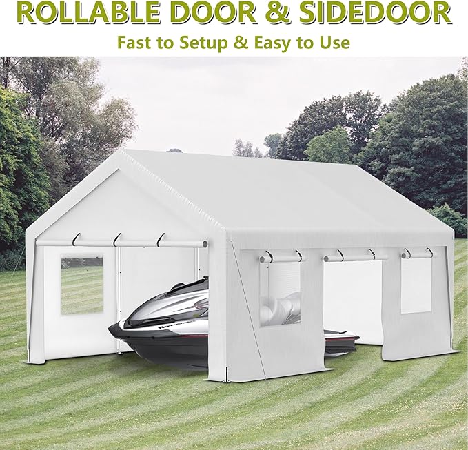 Carport 13x20ft Portable Garage Canopy Heavy Duty Car Port with Mesh Windows and Removable Sidewalls UV Resistant Waterproof All-Season Tarp for SUV, Boat, Truck White