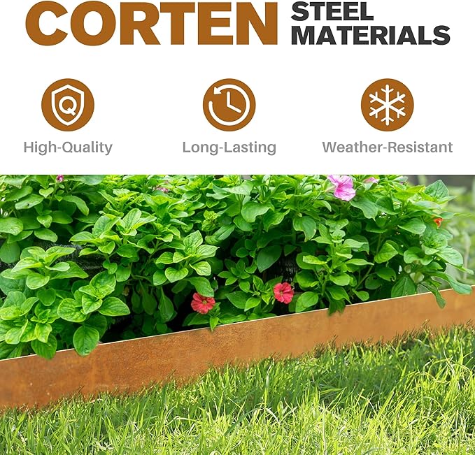 KOL Garden Lawn Edging Pre-Rusted Weather Resistant Steel - 40" L x 8" H (20FT Total Length) - 6-Pack Metal Landscape Edging - 14-Gauge Heavy Duty Hammer in Border w/7 Clips & 6 Protection Strips