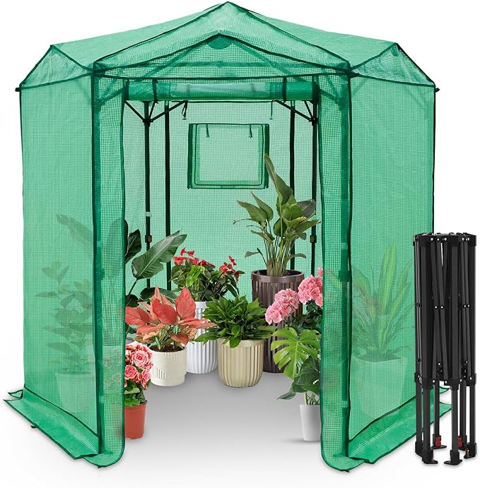 EAGLE PEAK 6.6x6.6 ft Hexagon Pop up Greenhouse, Portable Walk-in Grow Tent for Seed Starting, Garden Plants, Indoor Outdoor Green House, All-Weather Plant Shelter, PE Cover, Green/Clear