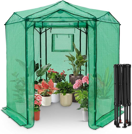 EAGLE PEAK 6.6x6.6 ft Hexagon Pop up Greenhouse, Portable Walk-in Grow Tent for Seed Starting, Garden Plants, Indoor Outdoor Green House, All-Weather Plant Shelter, PE Cover, Green/Clear
