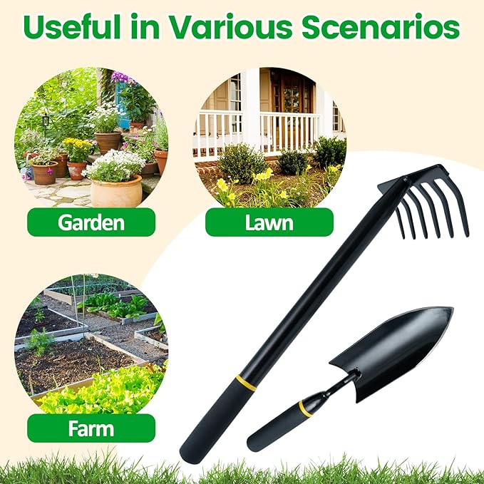 Garden Tool Set, 2 Piece Heavy Duty Gardening Hand Tools with Comfortable Handle, Including Garden Trowel and 6-Tine Rake, Durable Gardening Gift for Kids Men Women
