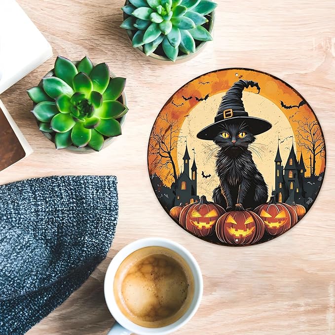 PEACHGARDEN Round Black Cat With Bats On Pumpkin Vintage Sign Halloween Metal Tin Sign for Home Bar Kitchen Hotel Dining Room Coffee 8x8inch