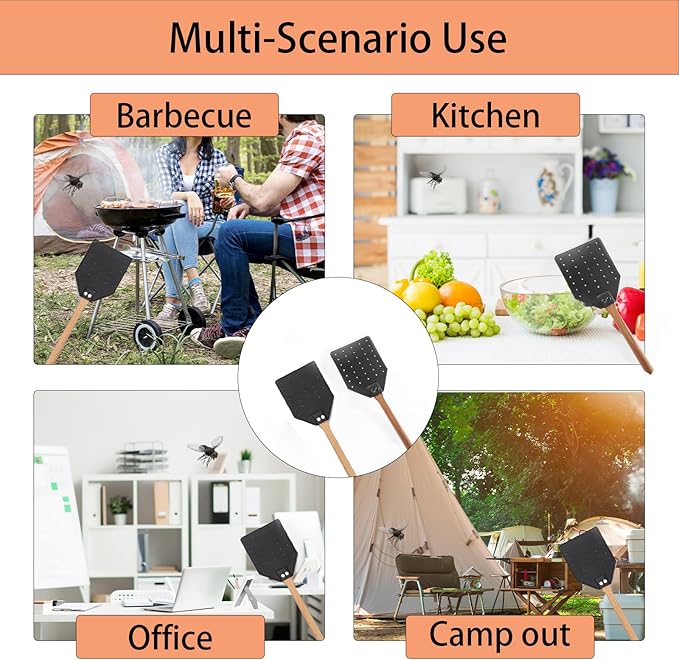 Fly Swatter - Long Hand Wood Fly Swatters with Hanging Rope, Heavy Duty Fly swatter for Home/Classroom/Office(Black)