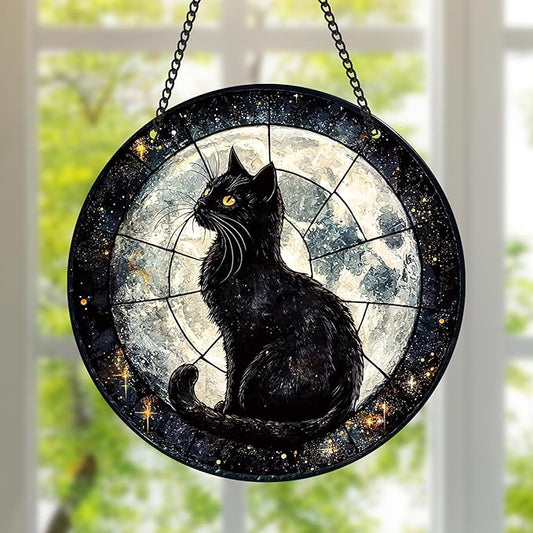 Black Cat Sun Catcher - Black Cat Full Moon Acrylic Suncatcher Rainbow Maker Stained Acrylic Window Hanging Ornament Indoor Outdoor Decoration Home Garden Decor Chain Pendant Memorial Gifts