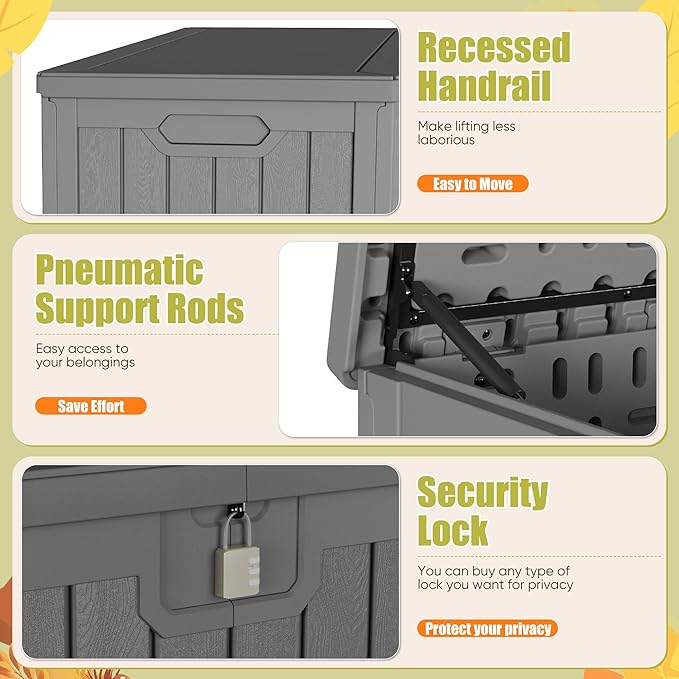 Devoko 240 Gallon Double-Wall Deck Box with Divider, Side Handles, Resin Outdoor Large Storage Box Waterproof and Lockable for Patio Furniture, Garden, Pool (Grey)