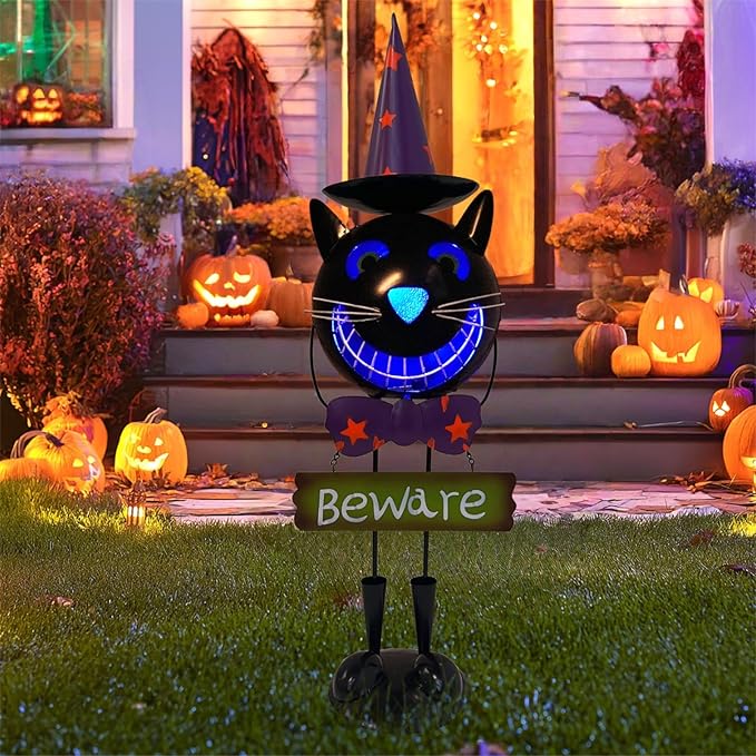 Halloween Decorations Outdoor Solar Lights- Metal Black Cat Statues with Witch Hat, 24 Inch Spooky Cat Figurine with Color Change LED Lights