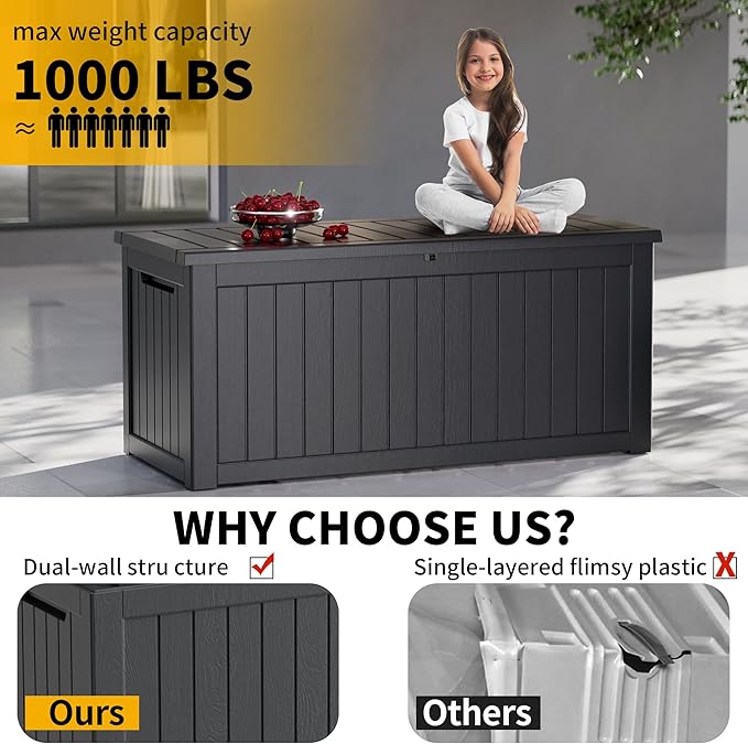 270GAL Extra - Large Black Outdoor Deck Box with Lock Hole- Waterproof, SGS - Tested UV Resistance, Roomy Storage for Lawn Mowers, Camping Gear, and More, Quick and Easy to Set Up
