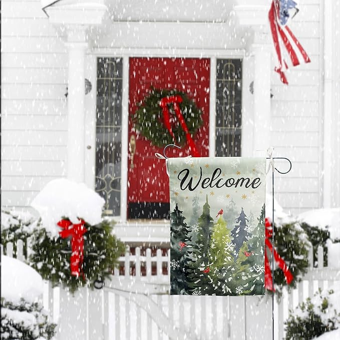 Welcome Winter Garden Flag Pine Tree Flag Snowy Forest Red Birds Cardinals Flag 12x18 Double Sided Outdoor Christmas Farmhouse Decorations Seasonal Yard Flags