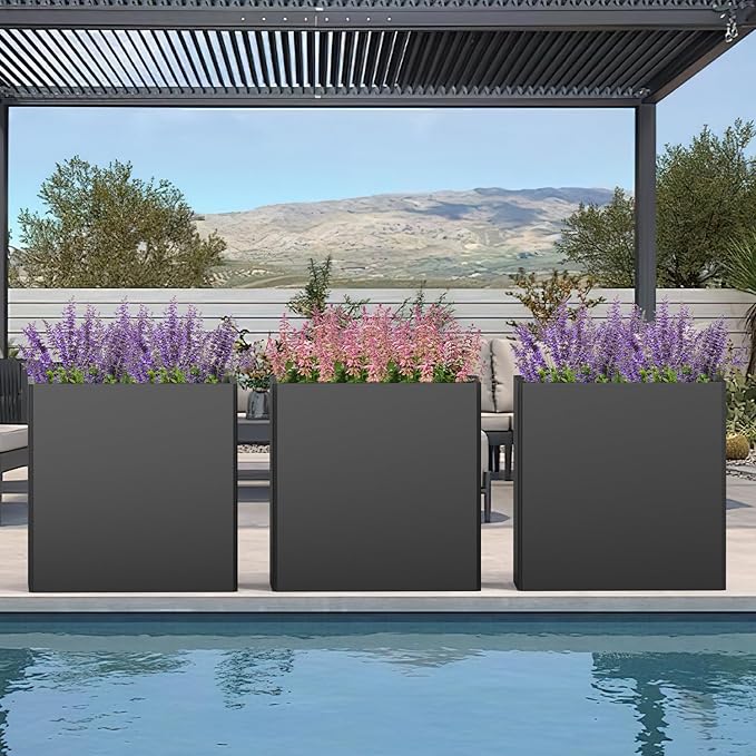 Galvanized Steel Tall Planter – 24x12x24in with Removable Insert Shelf | All-Weather Rectangular Metal Planter Box for Porch, Garden, Patio | Indoor & Outdoor Use | Black