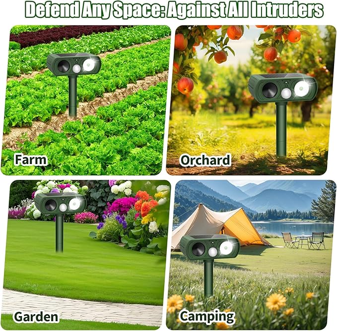 Solar Ultrasonic Animal Repellent, Deer Repellent Devices Waterproof with Motion Detection, Cat Repellent Outdoor Squirrel Skunk Rabbit Dog Raccoon Bird Deterrents Animal Repeller for Yard, 2 Pack