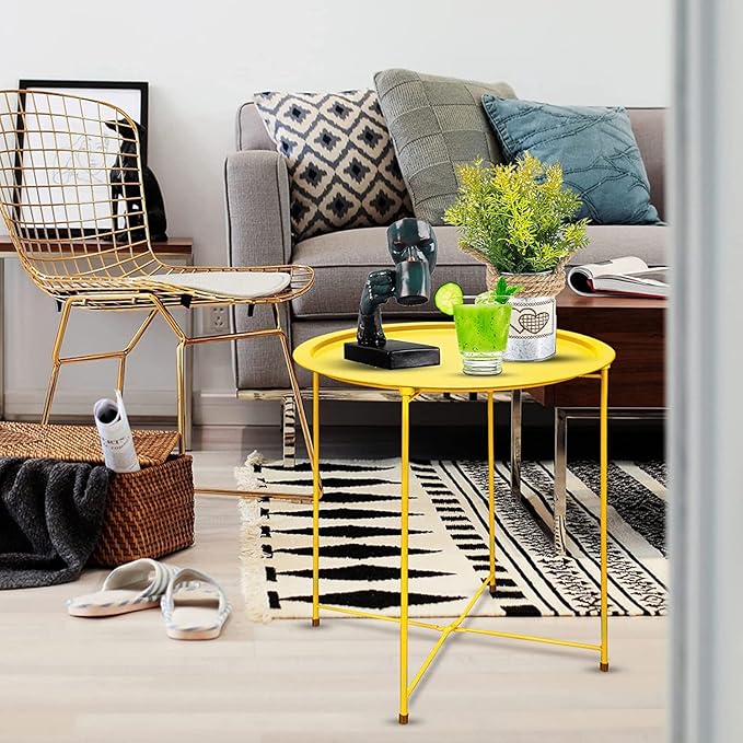 Garden 4 you End Table 2 PCS Metal Side Table Yellow Round Folding Tray Cyan Sofa Small Accent Fold-able Table, Round End Table Tray, Next to Sofa Table, Snack Table for Living Room and Bed Room