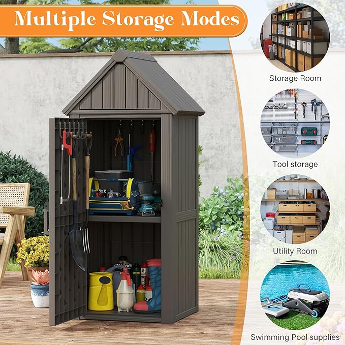 Shed Outdoor Storage Shed with Sloping Roof and Lockable Door, Resin Outdoor Storage Box Cabinet Waterproof and Multiple Hooks for Backyard, Patio, Poolside, Grey
